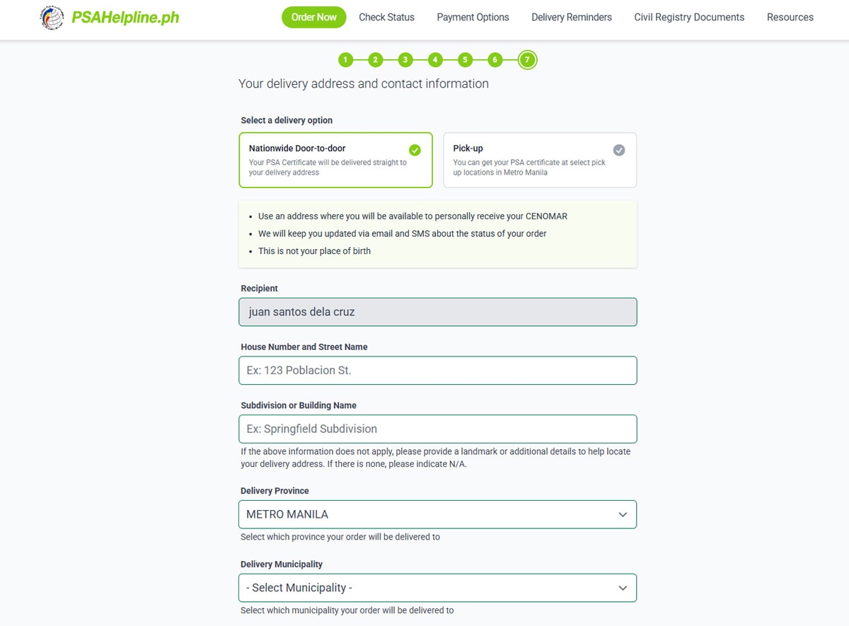 Delivery options for PSA online application including nationwide delivery and pickup.